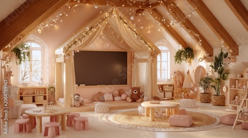 Warmly lit, cozy playroom features wooden beams and soft pink accents under an attic ceiling