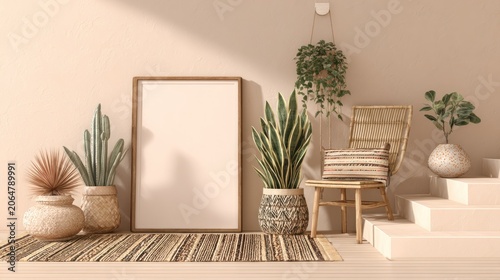 Interior scene featuring natural textures and indoor plants alongside a blank vertical picture frame
