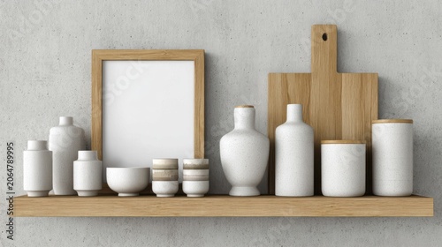 Assortment of minimalist ceramic containers and wooden elements displayed on a floating shelf against a textured wall
