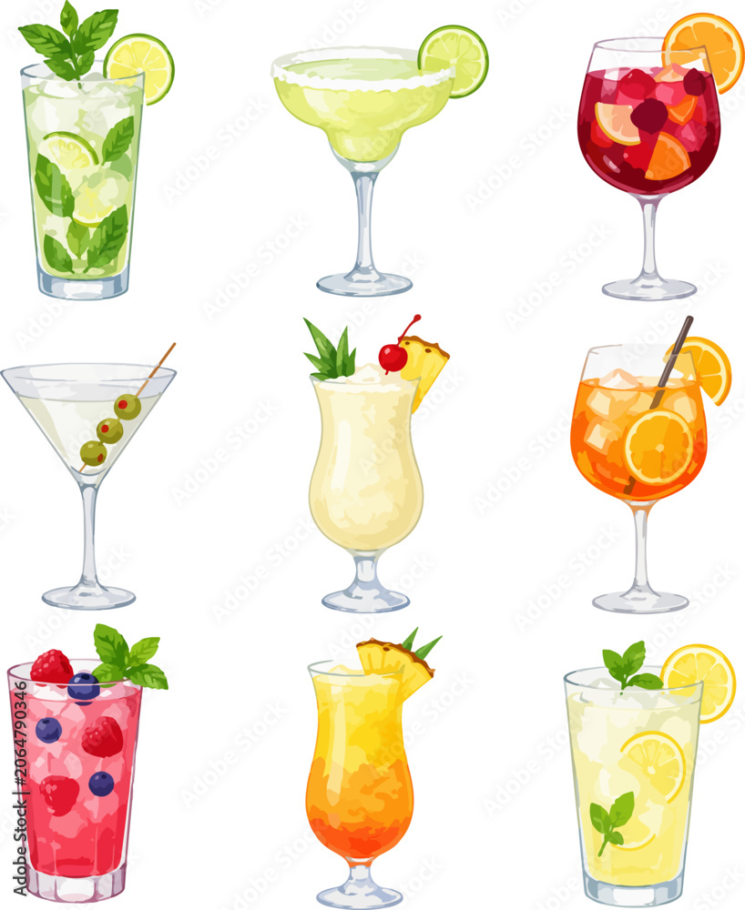 Obraz premium Cocktail Collection Set With Mojito Margarita Martini Sangria And Tropical Drinks
