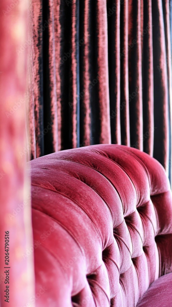 Obraz premium A plush, tufted velvet sofa in a deep rose or magenta hue with vertical striped curtains in the