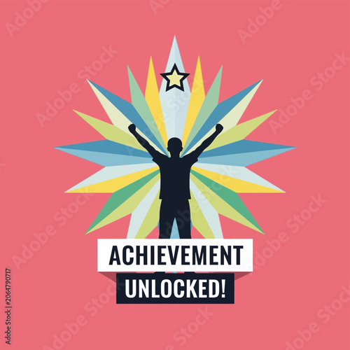 Achievement Unlocked: Silhouette Man Celebrating Success Starburst