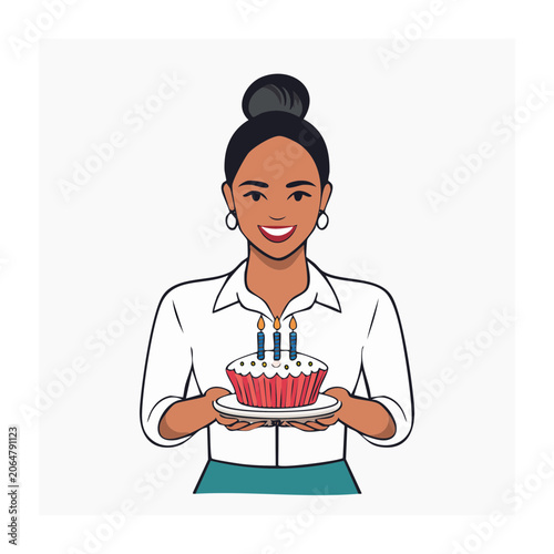 Woman holding birthday cake with candles illustration