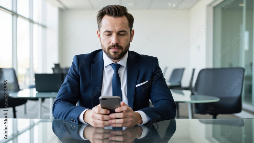 Fototapeta premium Man in suit looking at phone while seated at desk in office.