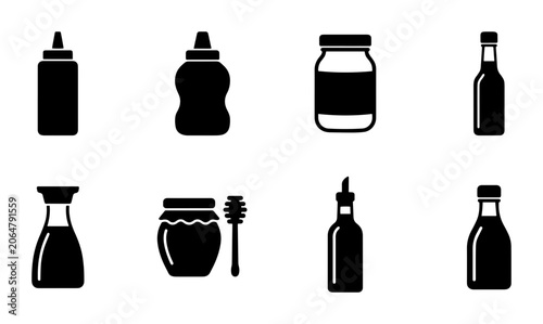 Fotografía Condiment Bottles and Jars Vector Icons: Ketchup, Mustard, Honey, Soy Sauce, Oil