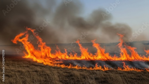 Blazing inferno consumes the parched grassland in a dramatic wildfire scene showcasing raw power