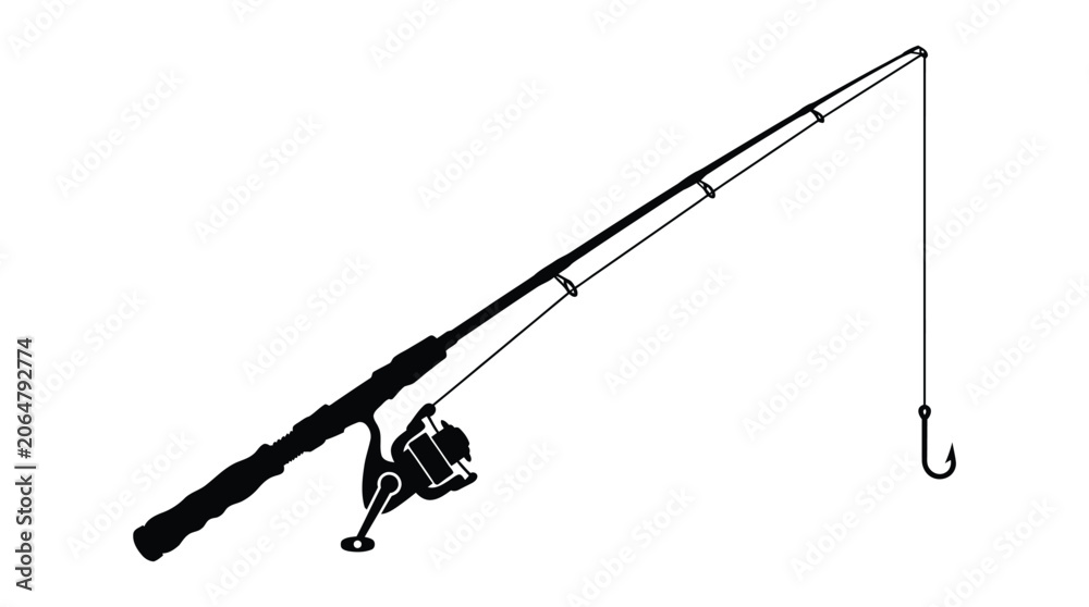 Fototapeta premium Detailed black silhouette of a professional fishing rod featuring a spinning reel and a sharp metal hook isolated on a clean white background for graphic design