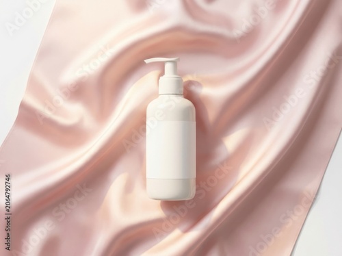 Blank cosmetic pump bottle mockup on soft pink satin fabric background