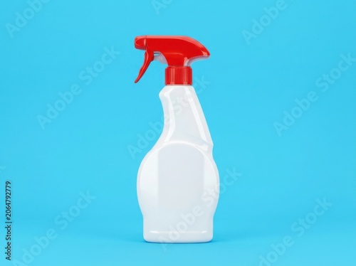 Blank white plastic spray bottle with red trigger isolated on blue background