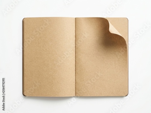 Open notebook with blank kraft paper pages isolated on white background