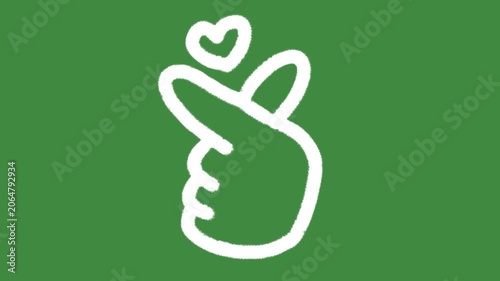 Korean finger heart positive gesture hand-drawn cartoon graphic with chalk outline mini heart and love notification icon isolated on green screen background for friendly customer care line art element