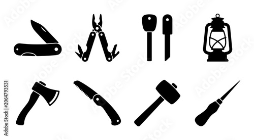 Photos 8 Camping Tools linear icon set knife, multi-tool, lantern, axe, saw, hammer, aw