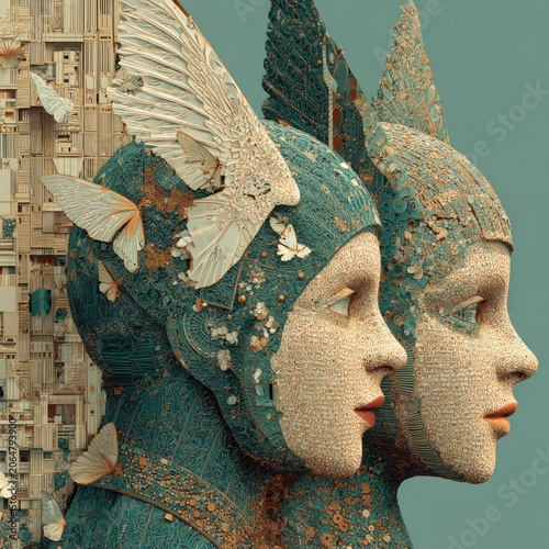 Intricate sculptural figures with wings and delicate insects adorn a detailed digital background