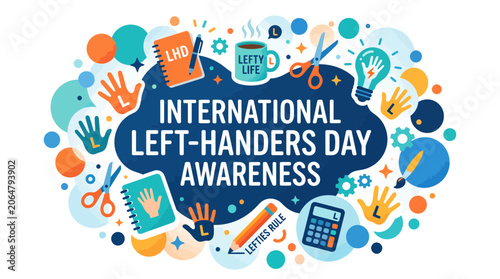 Colorful International Left-Handers Day awareness banner with creative tool icons.