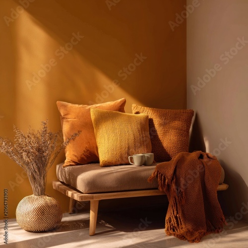 Warmly lit corner arrangement features textured textiles and natural decor elements