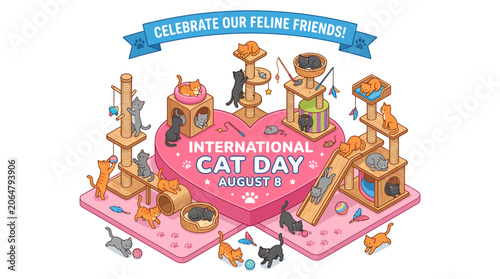 Colorful isometric illustration of a multi-level cat playground with numerous playful felines.
