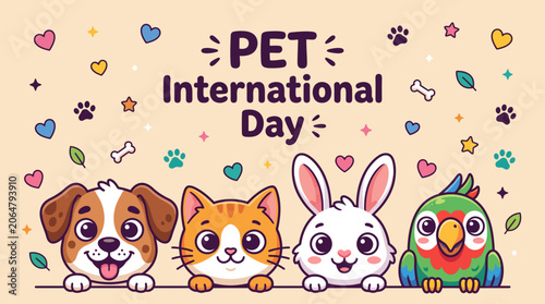 Colorful Pet International Day banner with cute cartoon animals