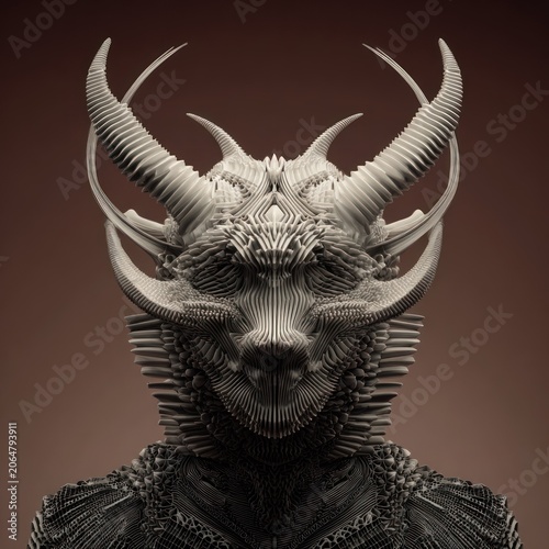Intricately detailed sculptural bust depicts a monstrous, horned entity with complex layered textures