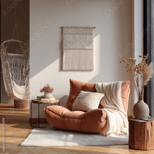 Cozy bohemian living space features plush seating and natural textures bathed in sunlight