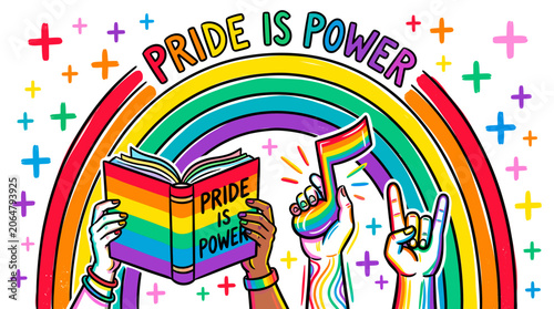 Colorful pride is power illustration with rainbow and diverse hands.