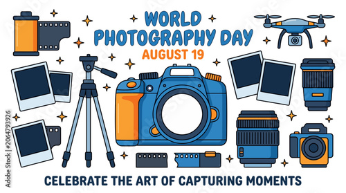 Colorful photography equipment flat illustration collage for world photography day.