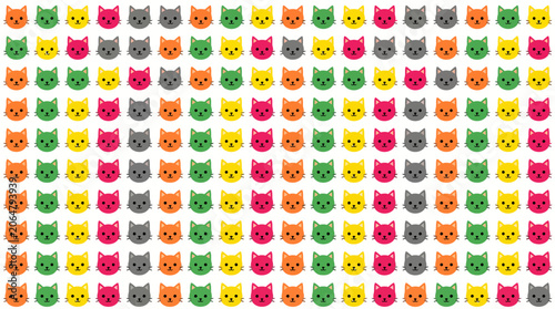 Colorful repeating pattern of cat face icons on white background.