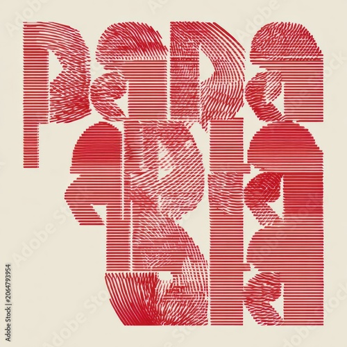 Abstract graphic design composition utilizes layered red linear patterns against a pale background