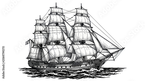 Obraz na plátne Vintage Sailing Ship Illustration, Tall Ship on Wavy Sea, Nautical Adventure