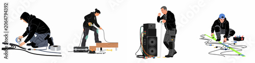Konstfotografi Set of vector illustrations of stagehands and technicians managing cables and equipment using gaffer tape and tools in various professional scenarios