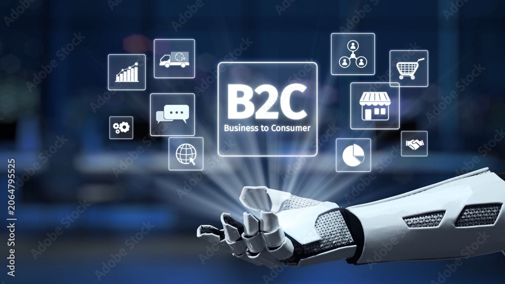 Fototapeta premium A futuristic robotic hand interacts with digital icons representing the business to consumer model, showcasing technology and e-commerce in a modern workspace. Synapse