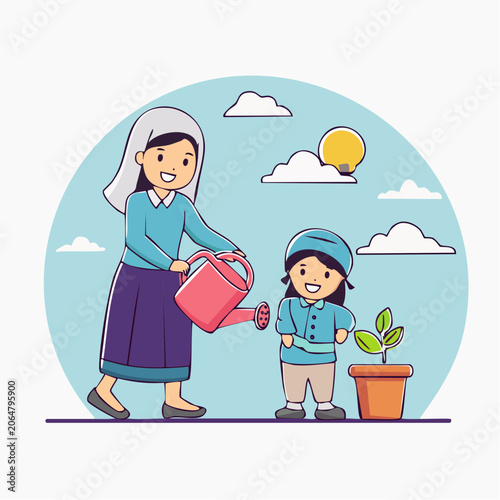 Mother and Child Watering a Plant