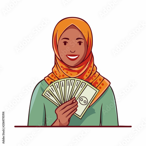 Muslim Woman in Hijab Holding Fan of Money