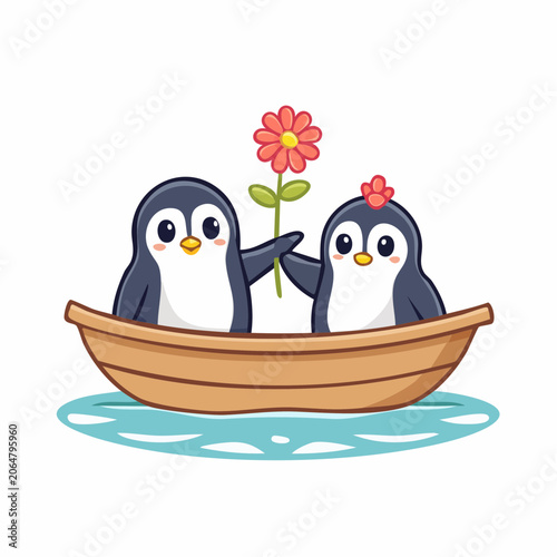 Two cute cartoon penguins in a boat with a flower