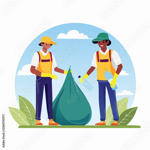 Two people cleaning up trash outdoors