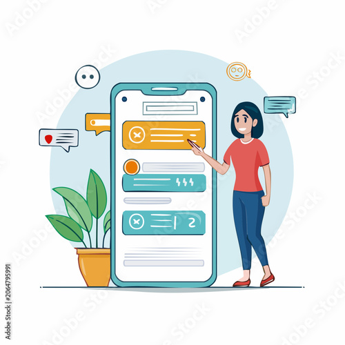 Woman Interacting with Smartphone Messaging App Interface
