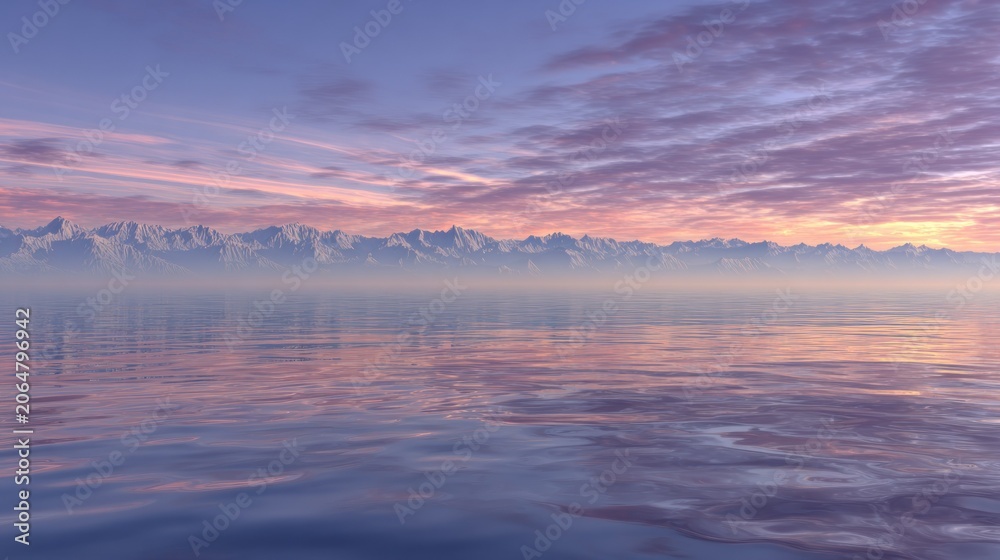 Fototapeta premium Distant snow capped mountain range reflects in calm water under a colorful twilight sky