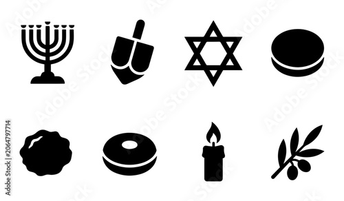 Foto Hanukkah Icons Set: Menorah, Dreidel, Star of David, Gelt, Sufganiyah, Candle, O
