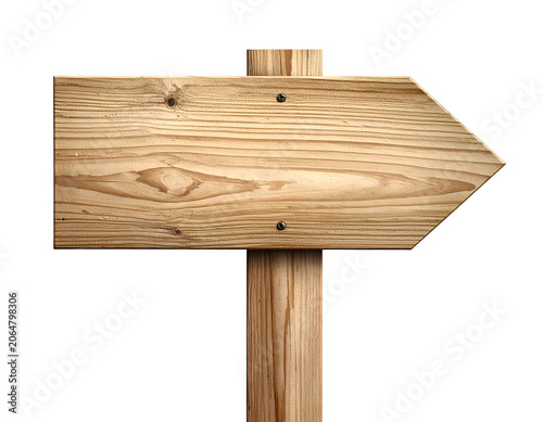 Wooden sign arrow blank pointing right on strong pole, isolated on transparent background