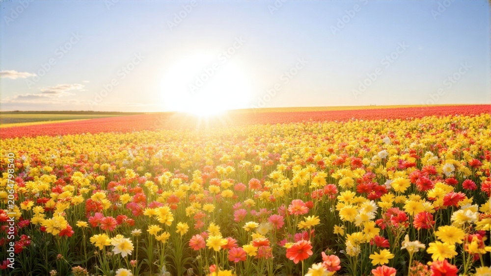 Fototapeta premium Radiant sunrise over a large field of vibrant tulips, presenting a picturesque natural scene.