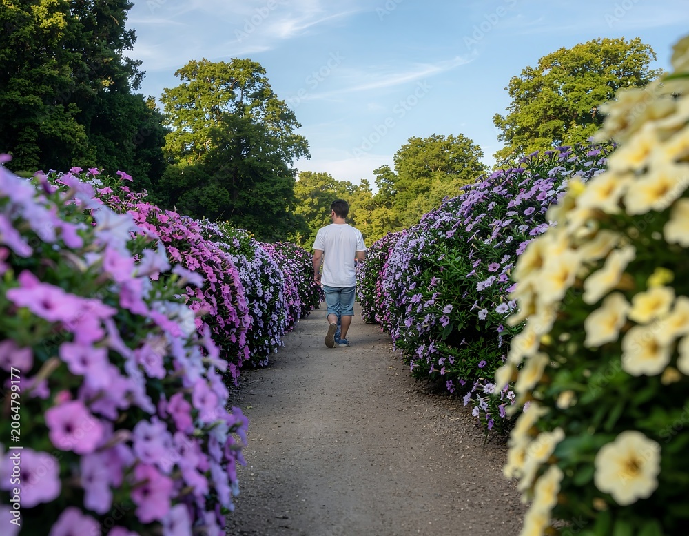 Fototapeta premium Man Walking Through Vibrant Garden Pathway.