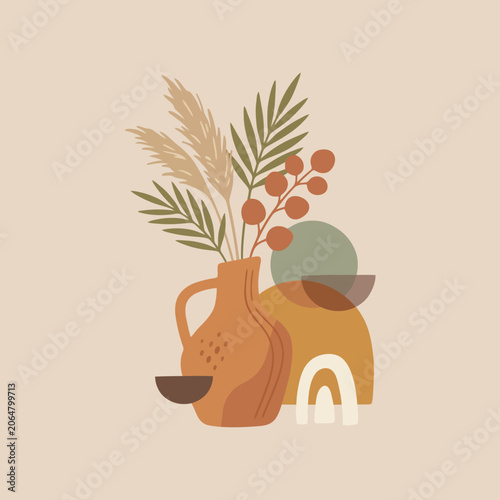 A decorative ceramic vase with dried plants and abstract shapes