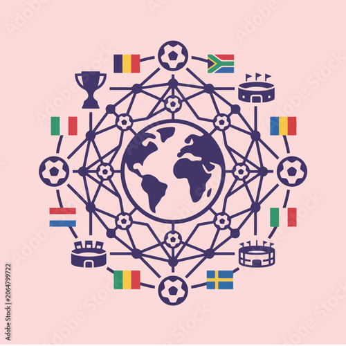 A global network of soccer icons arranged in a circular pattern