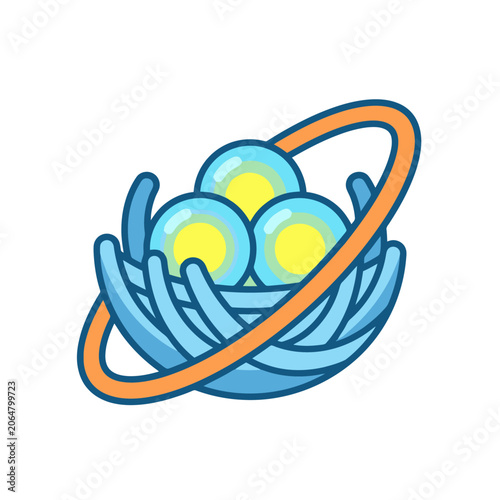 A stylized illustration of glowing spheres inside a blue nest