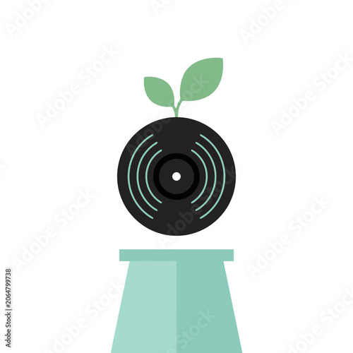 A green plant grows from a black vinyl record icon