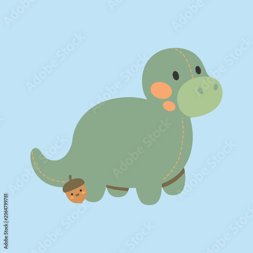 A cute green plush dinosaur toy sits on a light blue background