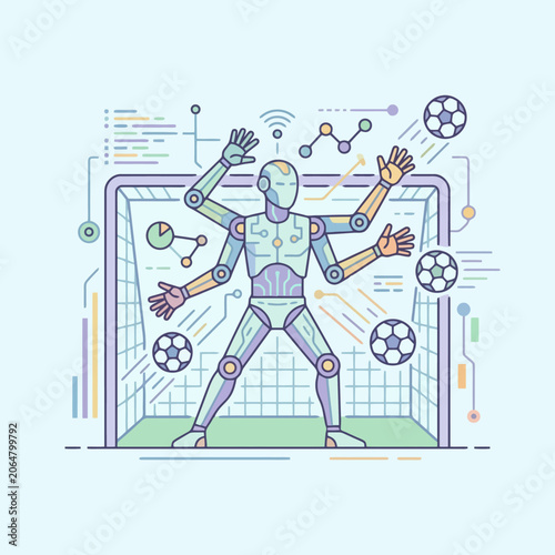 A robotic goalkeeper defends a goal against multiple flying balls