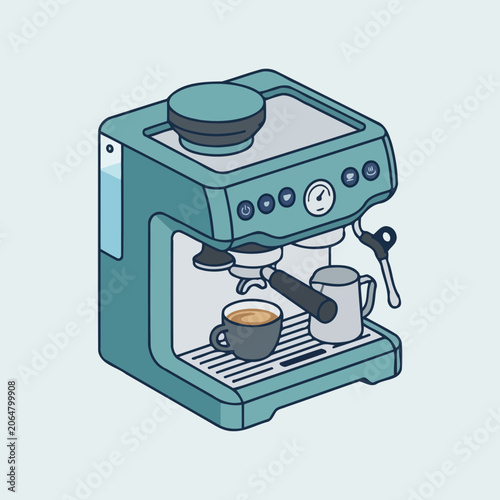 An isometric vector illustration of a teal espresso machine