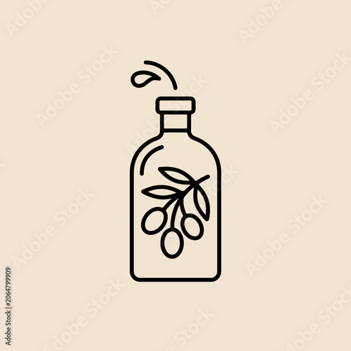 A simple line art illustration of a glass bottle with olives