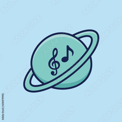 A stylized illustration of a planet featuring musical note symbols