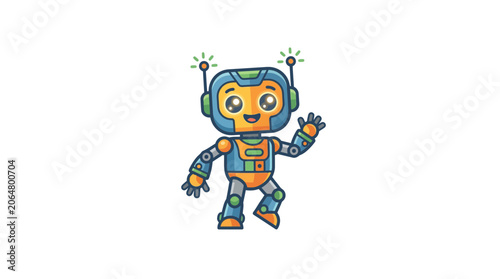 Fotografía Cute Cartoon Robot Waving Hand, Friendly Character, AI Technology Concept